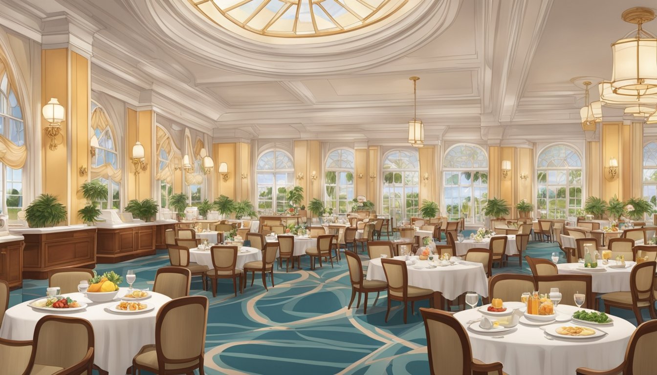 A grand dining hall with a lavish buffet featuring a variety of allergy-friendly and dietary accommodation options for the character breakfast at the Grand Floridian