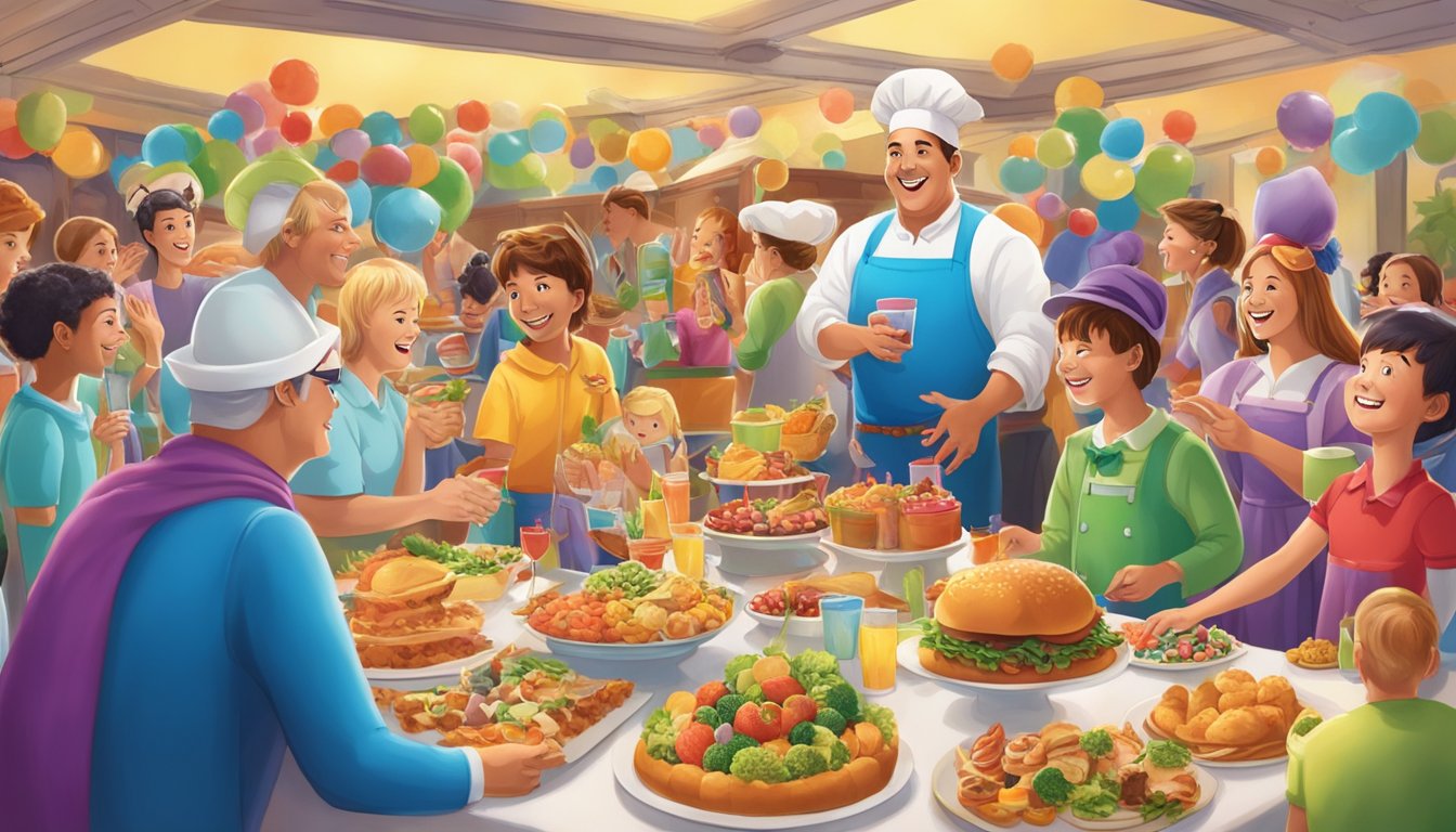 A colorful buffet of themed food and drinks surrounded by costumed characters interacting with excited children and families