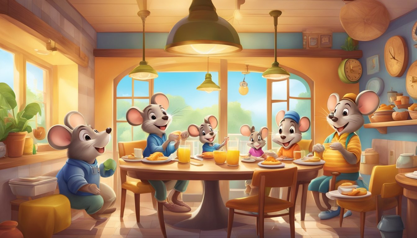 A cheerful mouse character serves breakfast to a happy family at a colorful, family-friendly restaurant