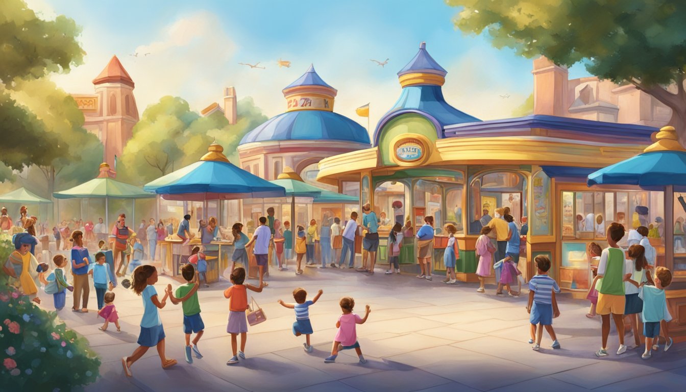 A bustling plaza with a colorful entrance and a ticket booth, surrounded by families and children excitedly waiting to enter for the character breakfast