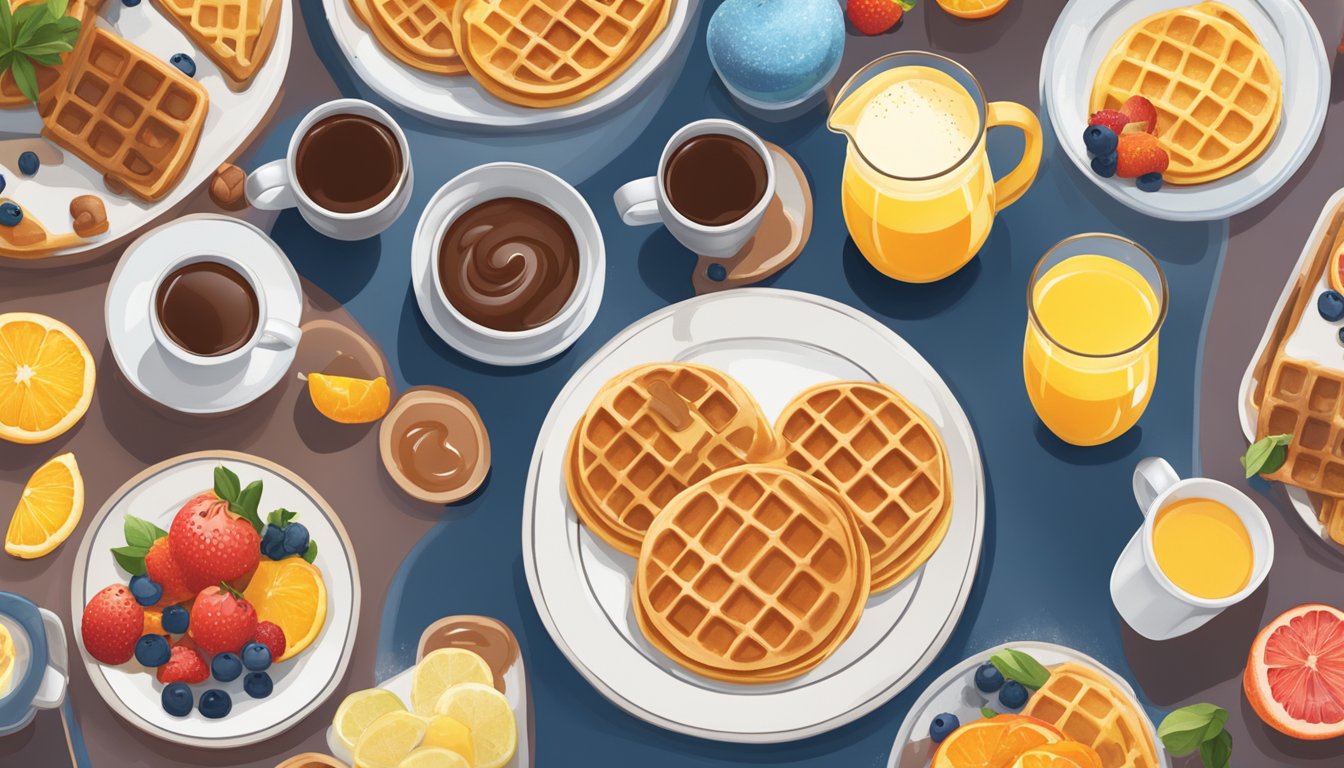 Disney character breakfast: Mickey waffles, Minnie pancakes, and colorful fruit platters served alongside steaming cups of hot cocoa and freshly squeezed orange juice