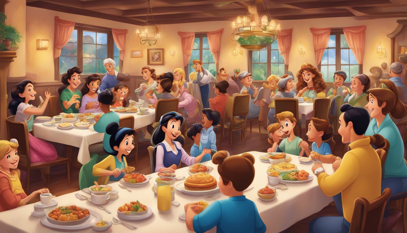 A lively dining room filled with Disney characters interacting with families at their tables