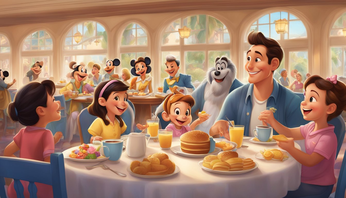 A cheerful scene at a Disneyland hotel character breakfast, with beloved Disney characters interacting with families at dining tables