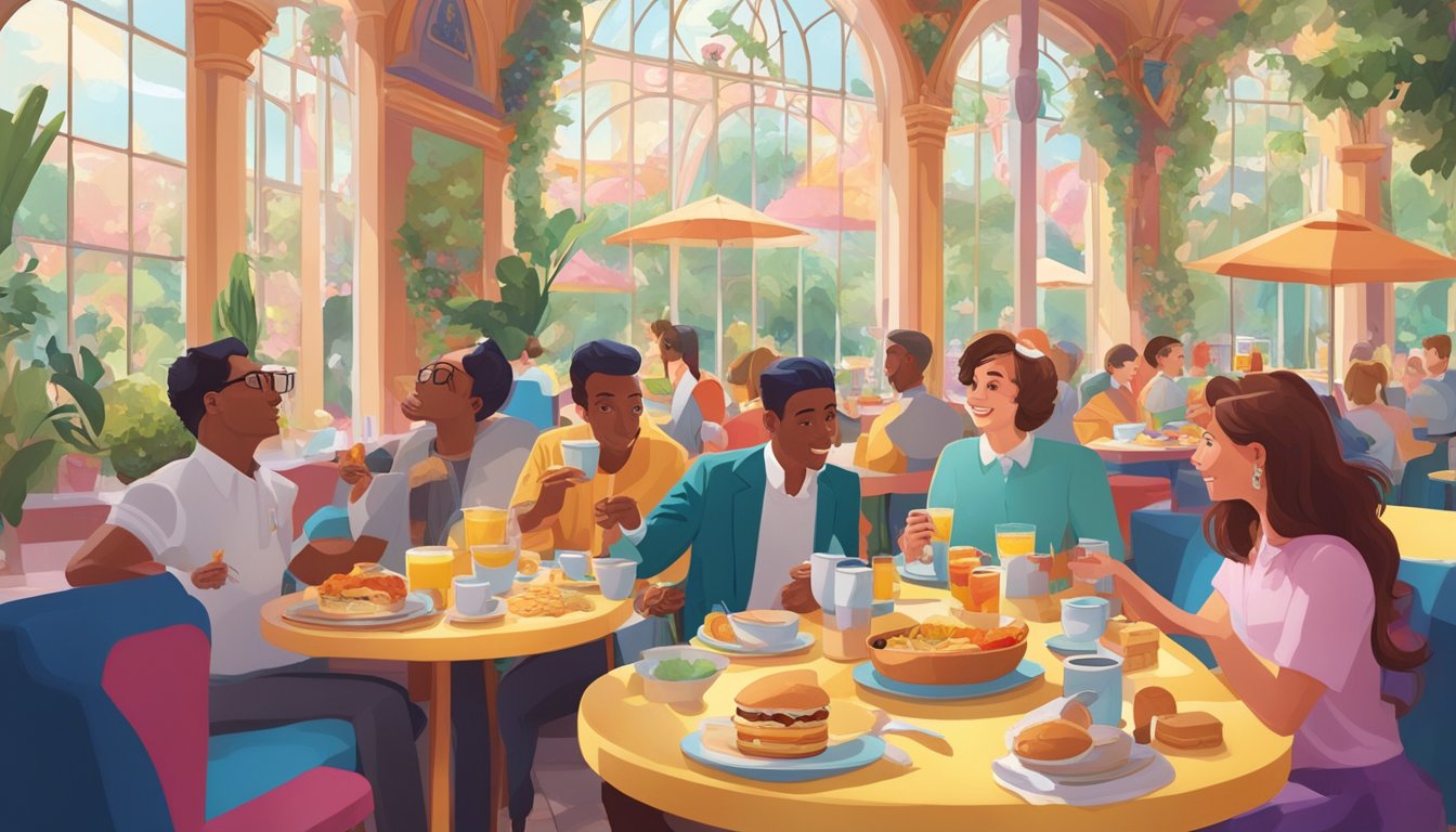 Characters enjoying breakfast at Crystal Palace, surrounded by colorful decor and delicious food