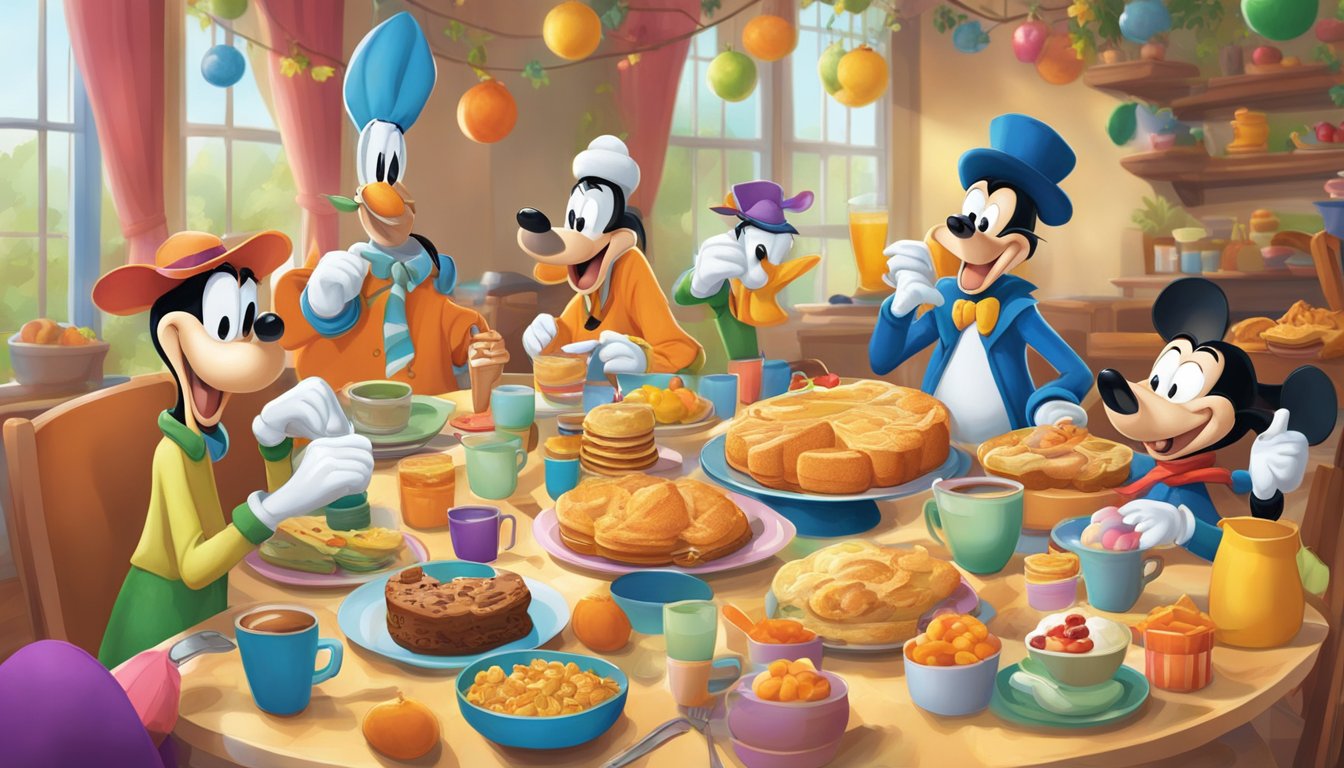 Goofy and his pals enjoying a character breakfast surrounded by colorful seasonal decorations