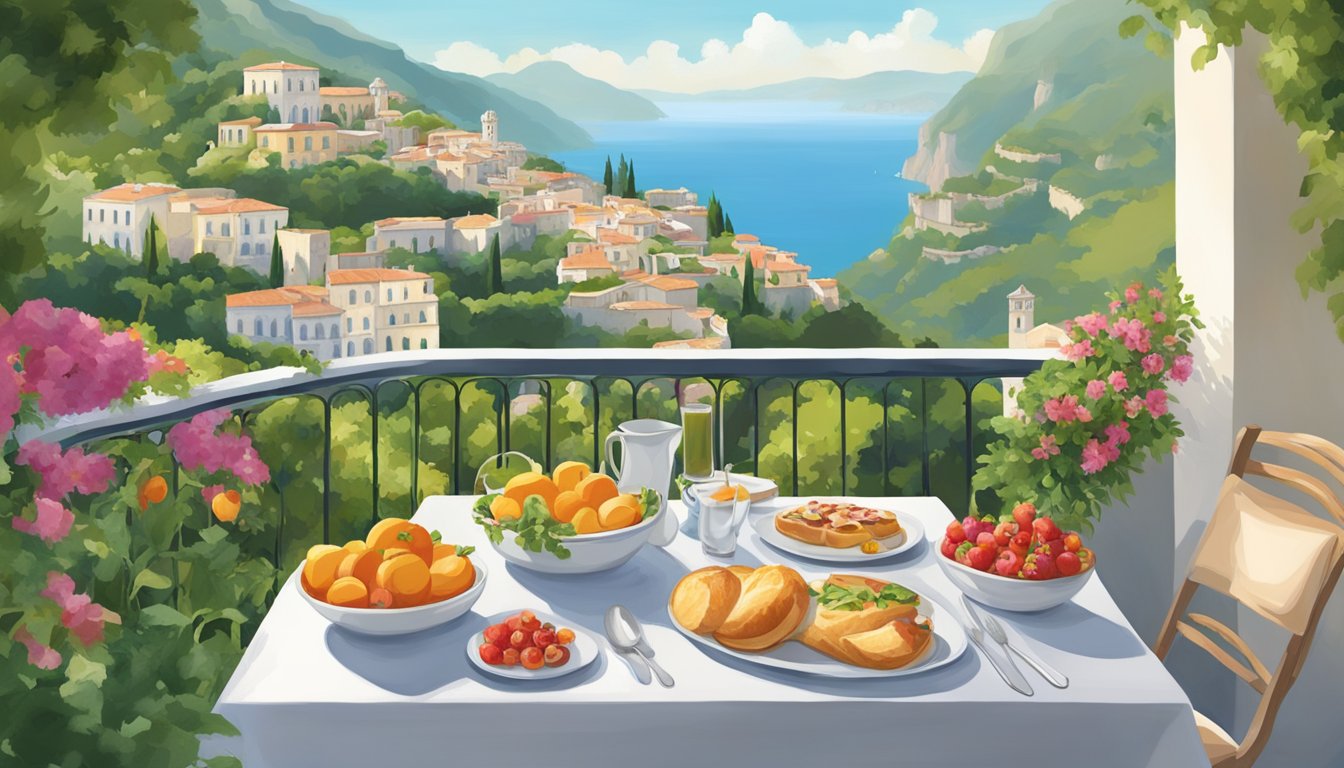 A charming outdoor terrace set with a bountiful breakfast spread, surrounded by lush greenery and overlooking the picturesque Ravello countryside