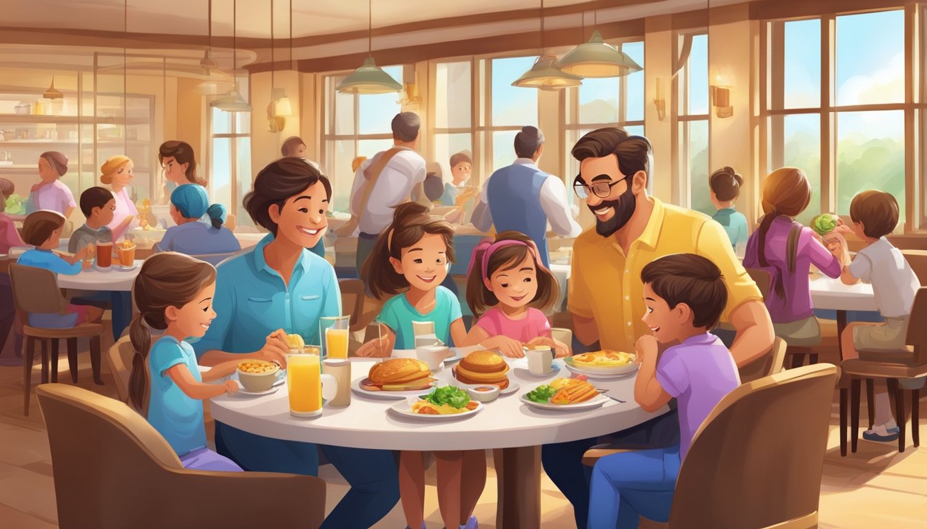 A family makes reservations for a character breakfast at the Four Seasons, checking their watch for the timing. The restaurant is filled with colorful characters and happy children