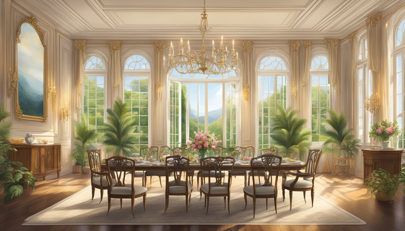 A grand dining room filled with ornate furniture and elegant decor, bathed in warm natural light from large windows, with a view of lush gardens outside