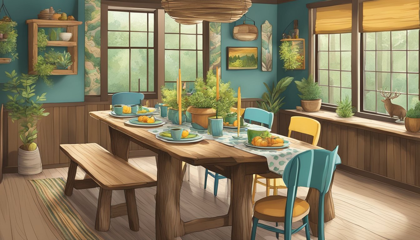 A rustic dining room filled with forest-themed decor, featuring a long wooden table set with colorful plates and surrounded by whimsical animal-shaped chairs