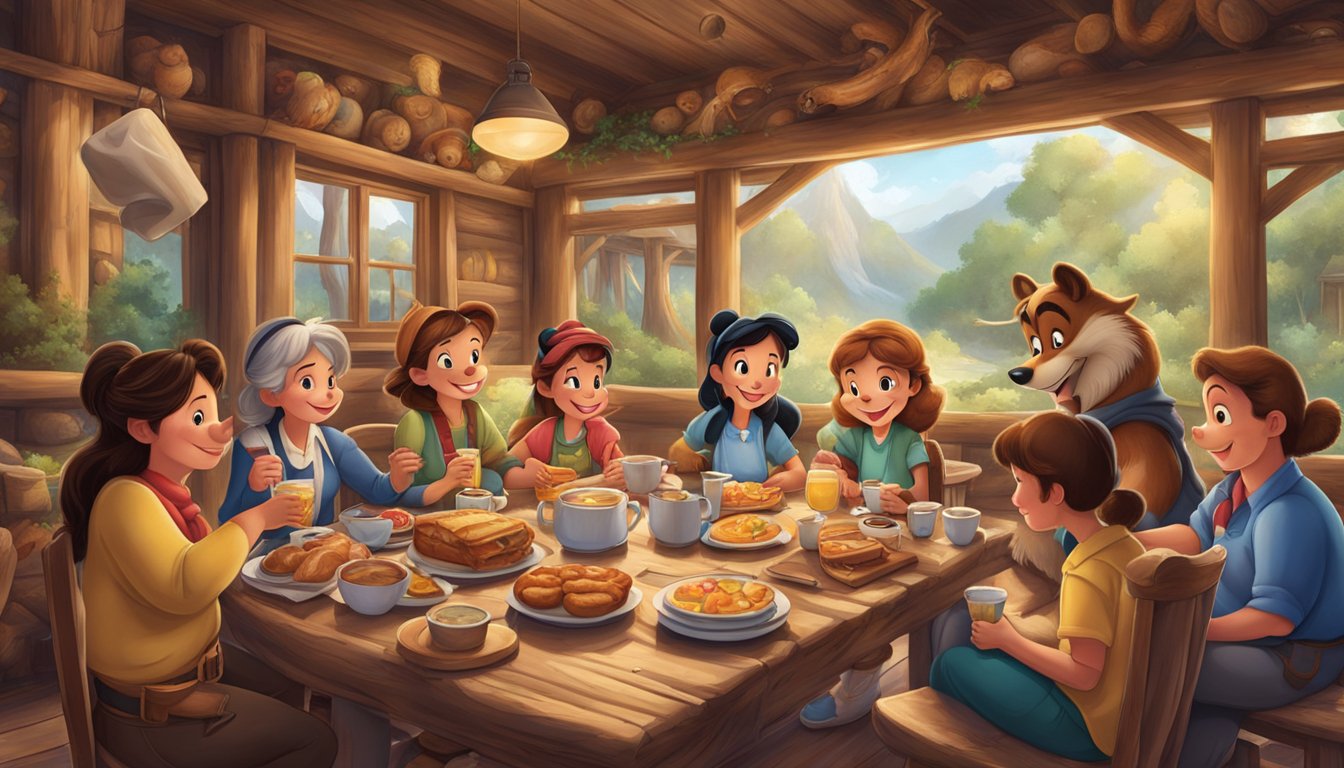 A cozy wilderness lodge with rustic decor, filled with beloved Disney characters enjoying a hearty breakfast together