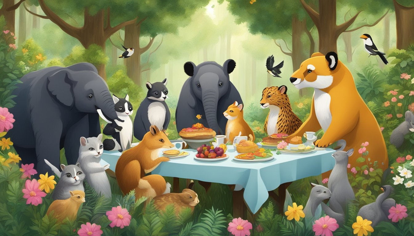 A group of animals gather around a communal breakfast table in a lush, green forest, surrounded by blooming flowers and trees in all four seasons