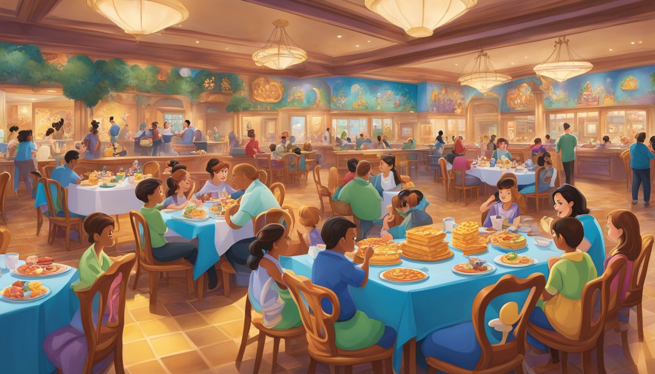 Families gather at themed tables, surrounded by colorful murals of beloved Disney characters. A buffet features Mickey-shaped waffles and other iconic treats