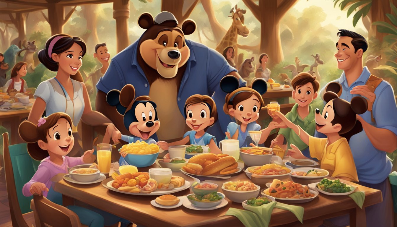 A joyful gathering of Disney characters and families enjoying a breakfast feast at Animal Kingdom Lodge