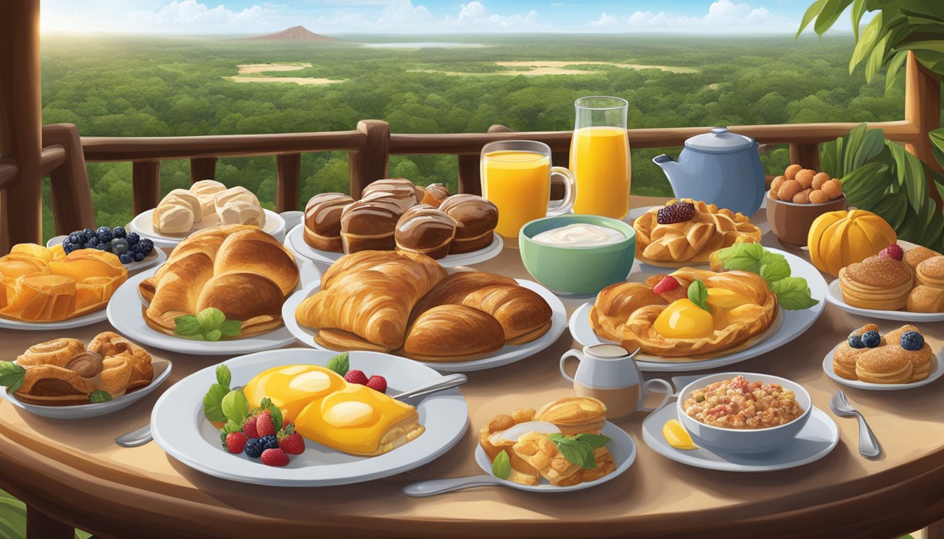 A table set with a variety of breakfast items, including pastries, fruits, and hot dishes, with a lush view of the Animal Kingdom Lodge in the background