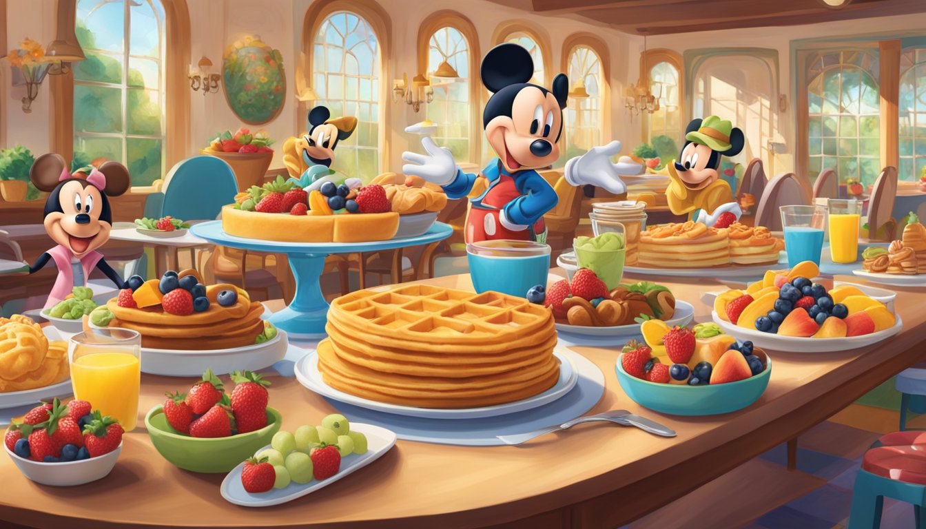 A colorful buffet with Mickey waffles, fresh fruit, and pastries sits on a table surrounded by Disney character-themed decor and happy families enjoying breakfast