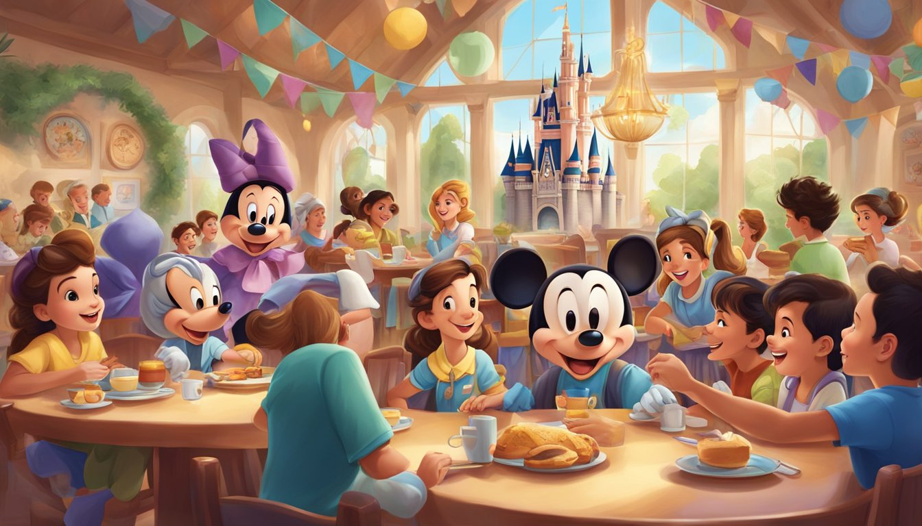 A colorful Disney World character breakfast with iconic characters interacting with excited children and families at a themed dining area