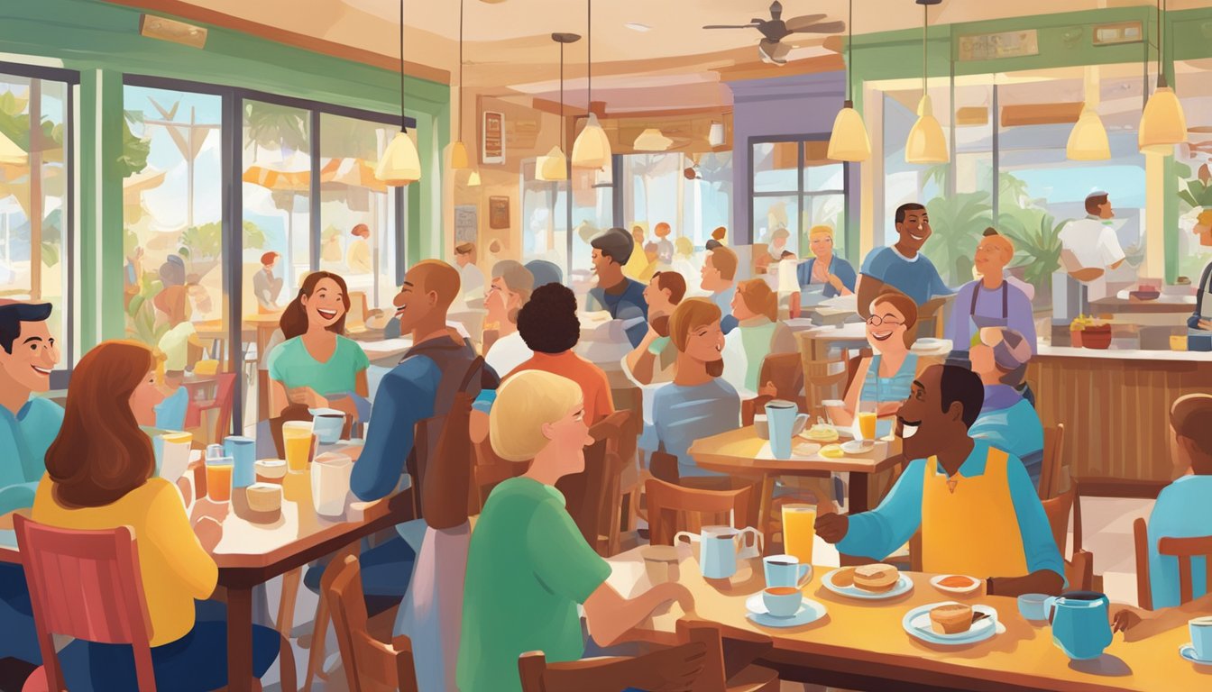 A lively breakfast scene at Cape May Cafe, with colorful characters interacting with guests in a cheerful atmosphere