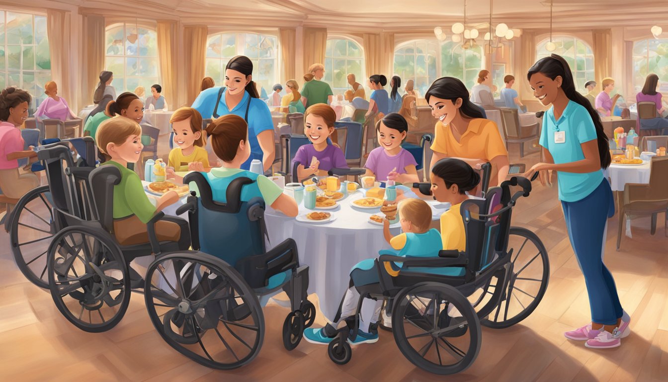 Families with strollers and wheelchairs gather at a Disney World character breakfast, where staff assist guests with disabilities