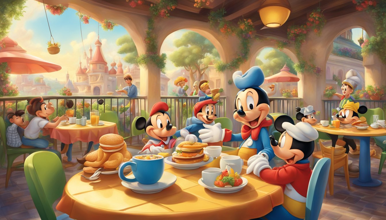 A cheerful breakfast scene at Topolino's Terrace, with Disney character Topolino greeting guests amidst a colorful and lively atmosphere