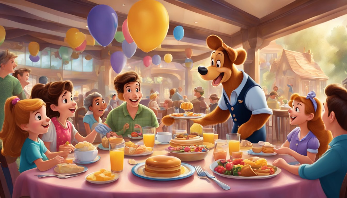 A lively Disney World character breakfast with iconic characters interacting with excited families in a colorful dining setting