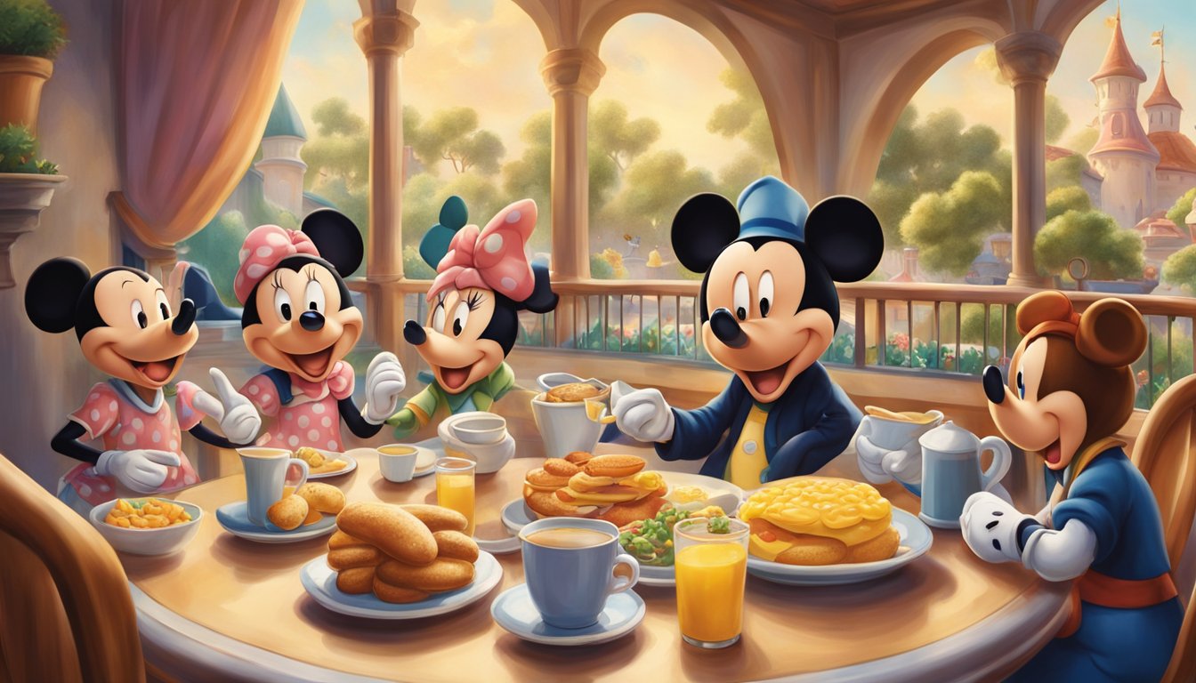 A joyful family enjoying a character breakfast at Topolino's Terrace, with Mickey, Minnie, Donald, and Daisy interacting with guests