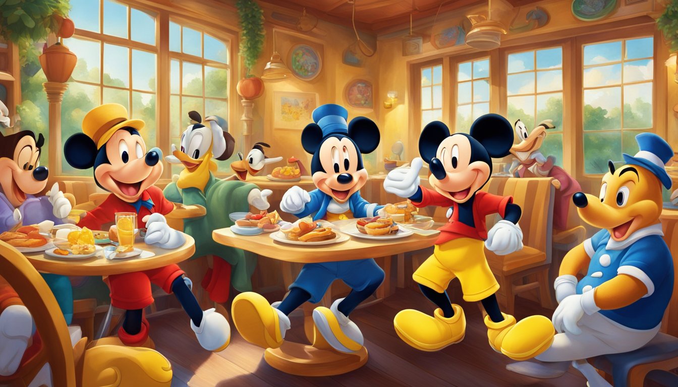 Topolino, dressed in his signature red shorts and yellow shoes, enjoys breakfast with other Disney characters in a colorful and lively restaurant setting