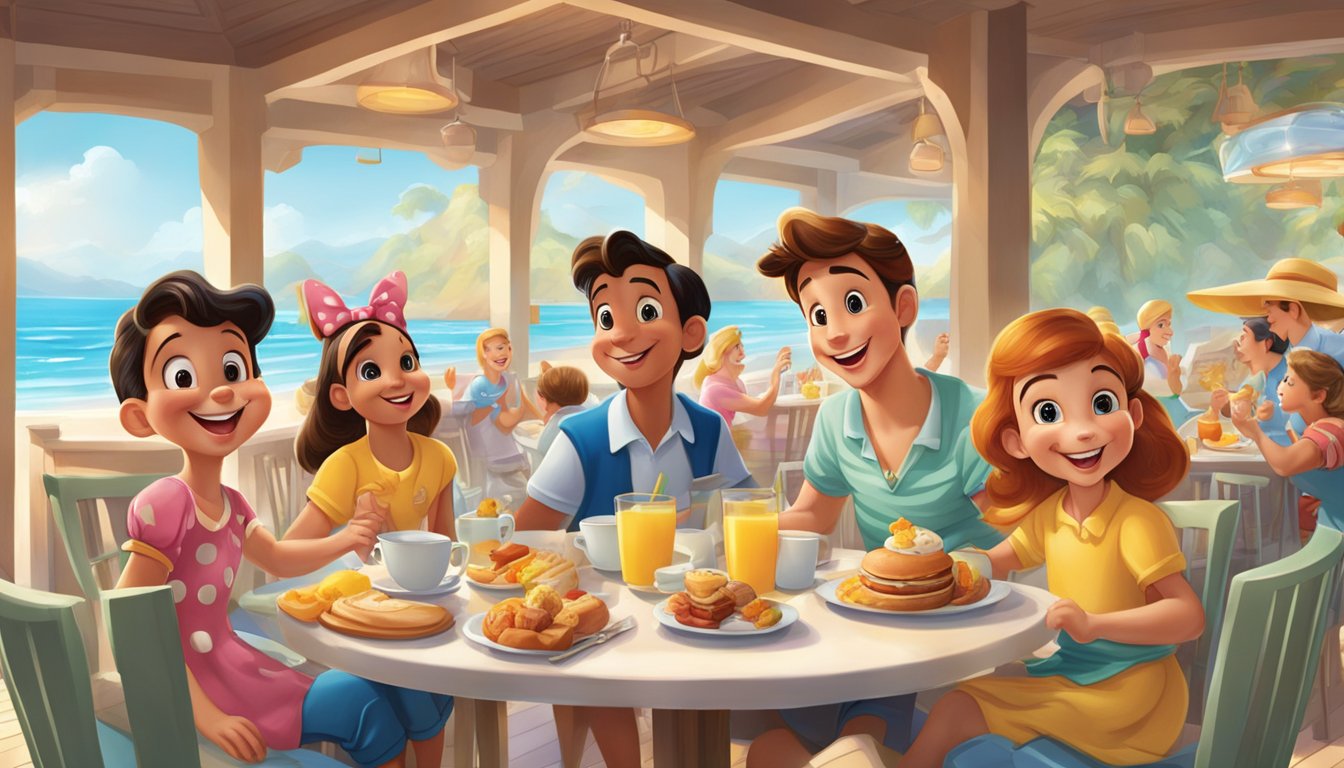 A lively breakfast scene with Disney characters interacting with guests at a beachside dining area