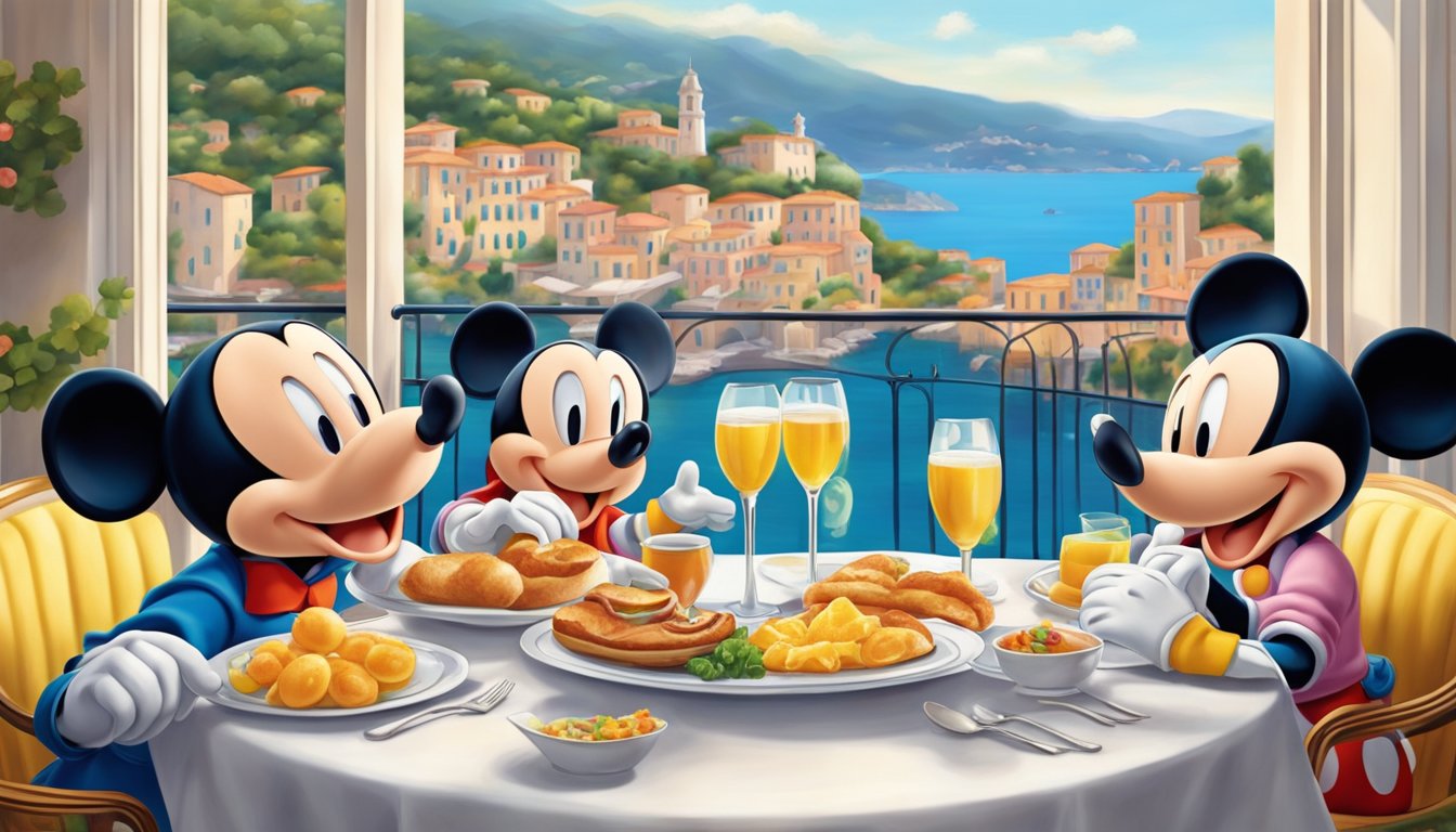 Topolino character breakfast: Mickey, Minnie, Donald, and Daisy dine at a stylish restaurant with views of the Italian Riviera. Tables are set with colorful plates and elegant glassware