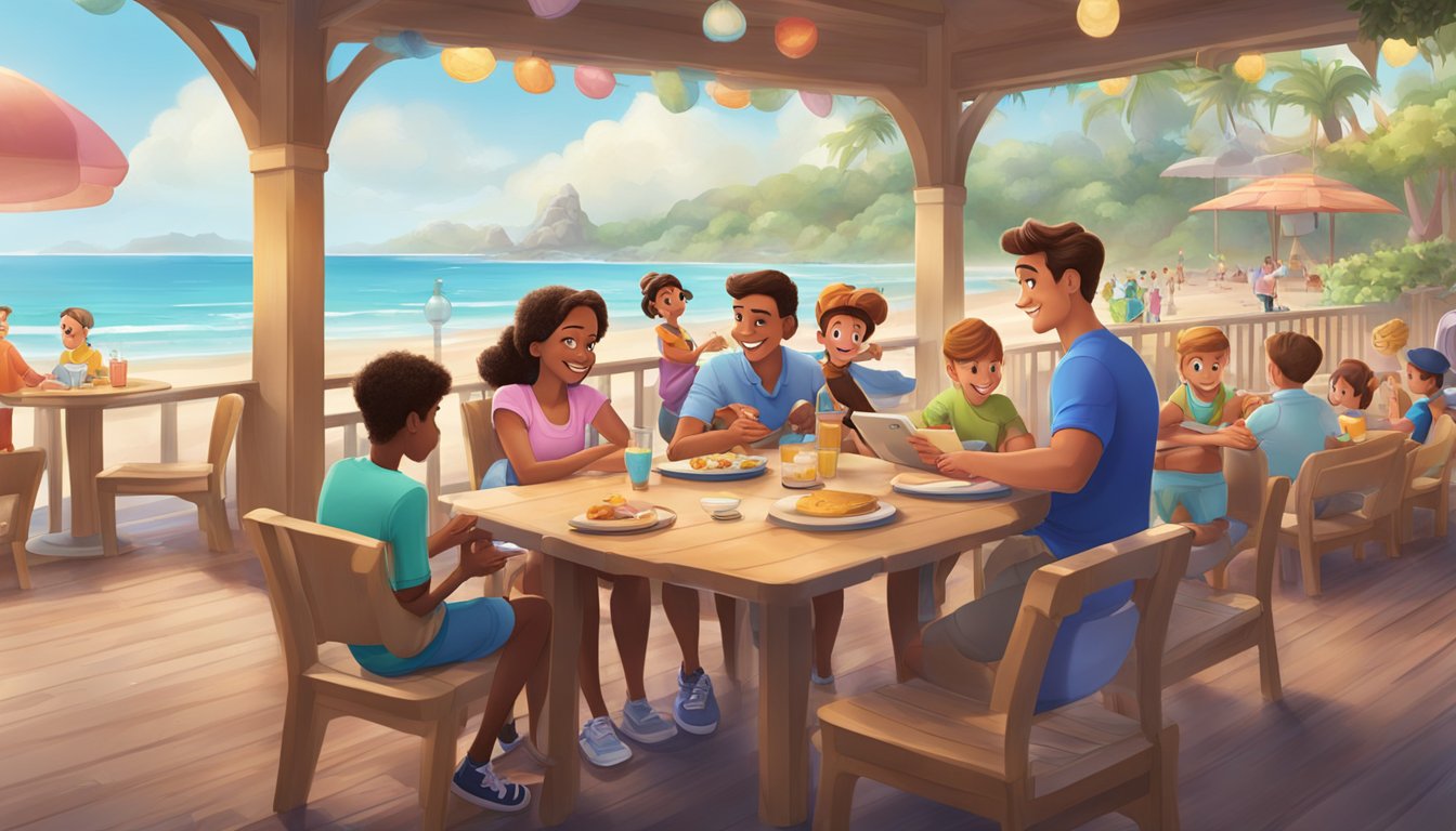 A family sits at a table with Disney characters at a beachside restaurant, making reservations on a tablet. The characters are interacting with the family, and the beach is visible in the background