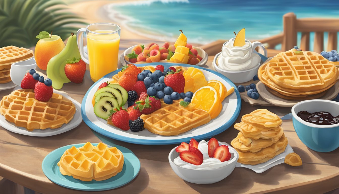 The Disney character breakfast menu at Vero Beach features Mickey-shaped waffles, colorful fruit platters, and themed pastries displayed on a beachside buffet