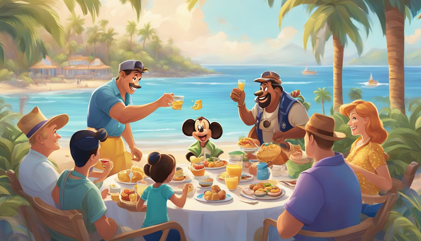 Colorful Disney characters interact with guests at a beachside breakfast, surrounded by palm trees and ocean views