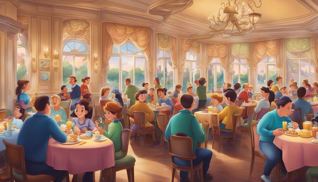 A bustling dining room at Disneyland Paris, filled with colorful characters and families enjoying a character breakfast reservation