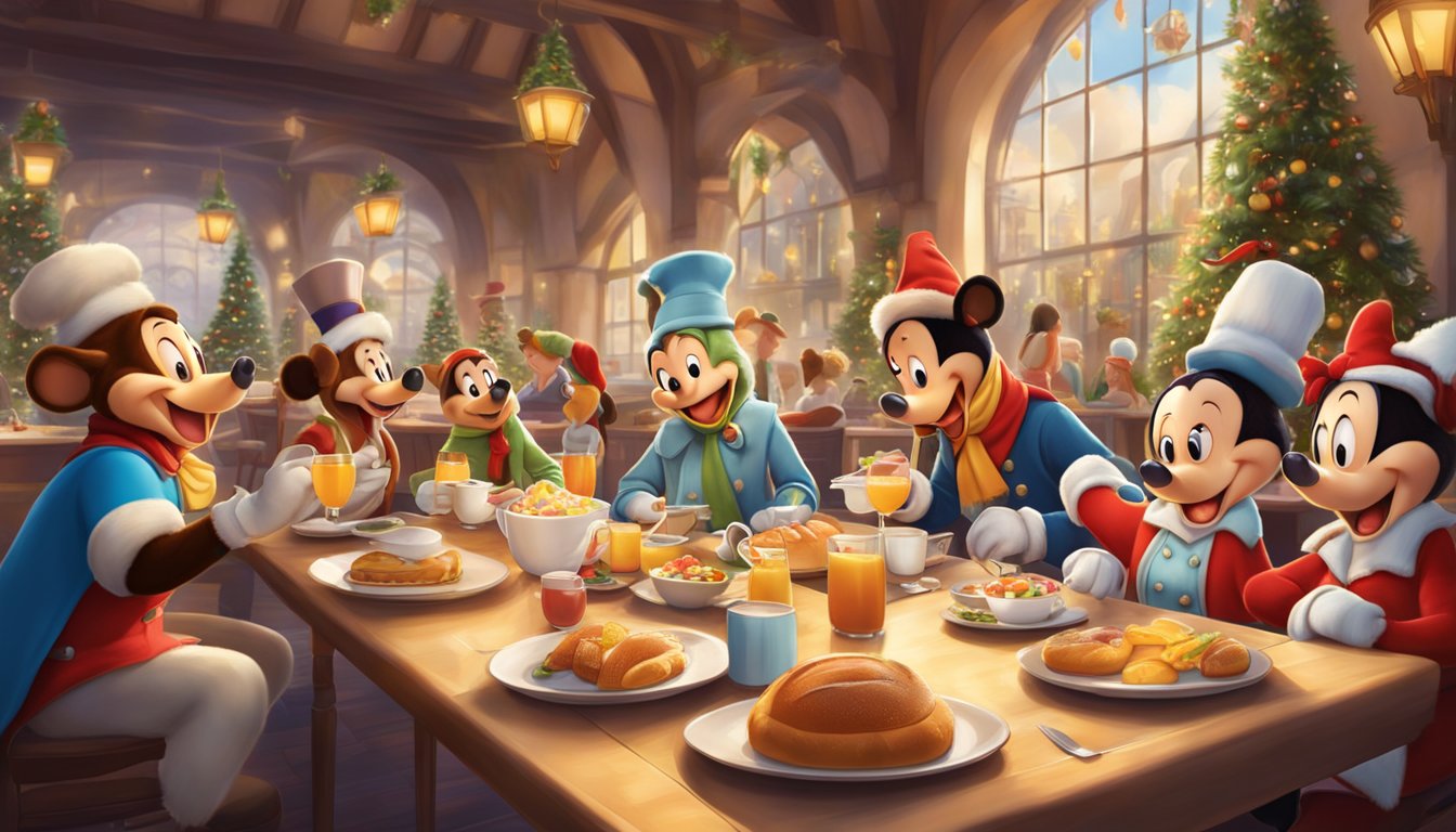 A festive character breakfast at Euro Disney with themed dining services and lively atmosphere