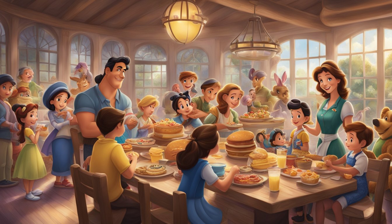 A group of iconic Disney characters gather around a table filled with delicious breakfast foods, while families and children line up to ask them questions