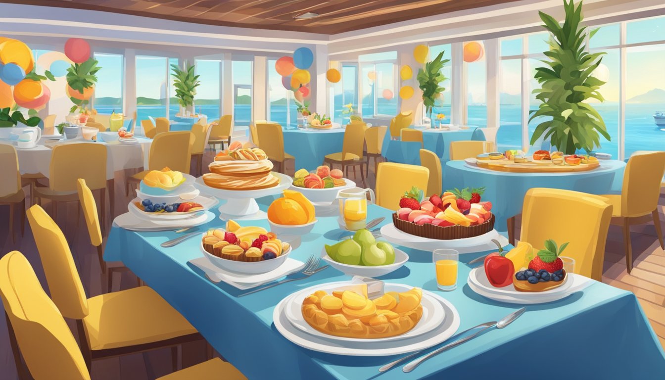 A cheerful yacht club character breakfast with colorful decor, tables set with themed centerpieces, and a buffet of delicious pastries and fruit