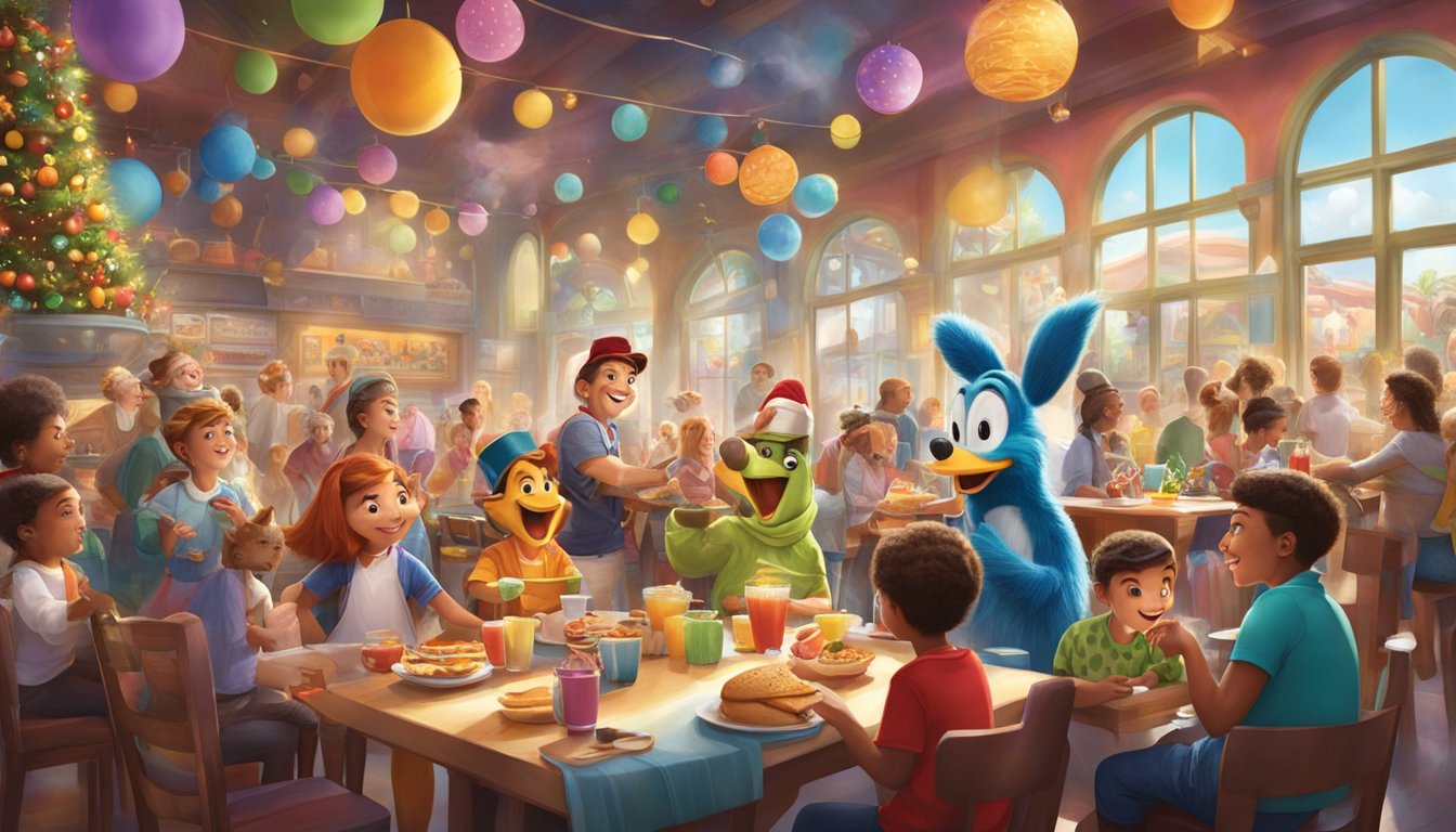 A colorful and lively breakfast scene at Universal Orlando, with iconic characters interacting with guests amidst a vibrant and festive atmosphere