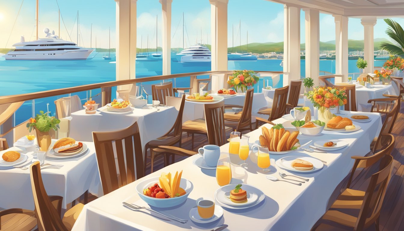 A lavish yacht club character breakfast with tables set on a sun-drenched deck overlooking the marina, with elegant place settings and a variety of delicious food and drinks