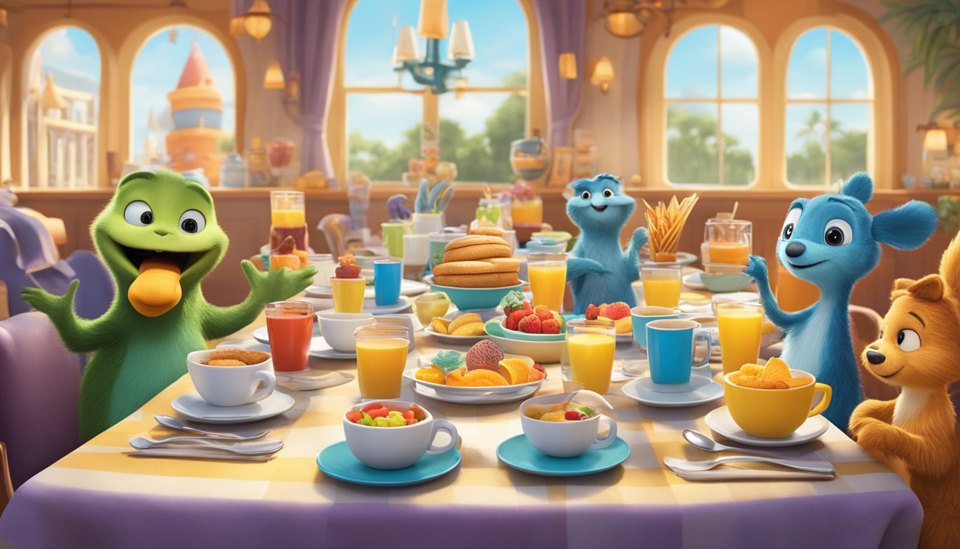 A table set with colorful plates and cups, surrounded by whimsical characters and playful decor at a Dining Details character breakfast at Universal Orlando