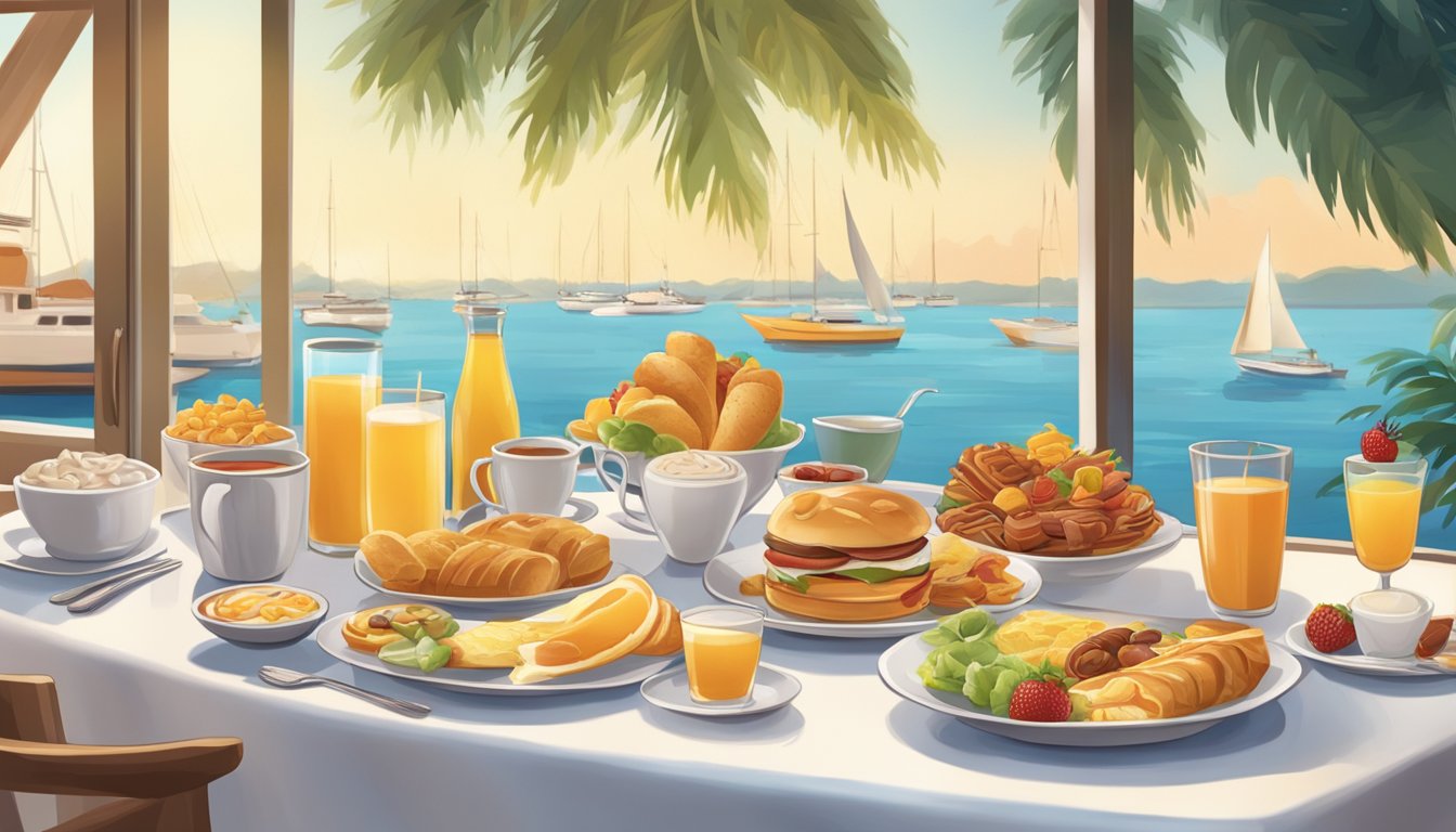 A table set with a variety of breakfast foods and beverages at a yacht club, with a character mascot present