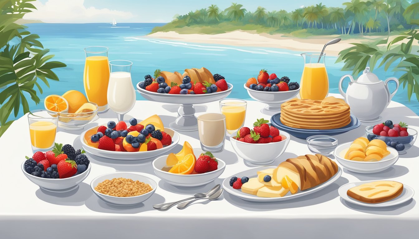 A luxurious yacht club breakfast spread with fresh fruits, yogurt parfaits, and whole grain pastries displayed on a pristine white tablecloth