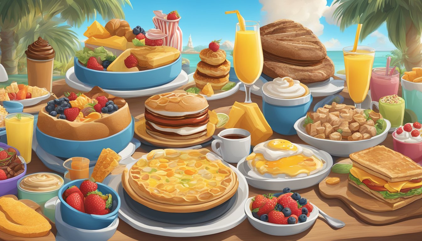 A colorful buffet of breakfast foods surrounded by iconic characters at a resort in Universal Orlando