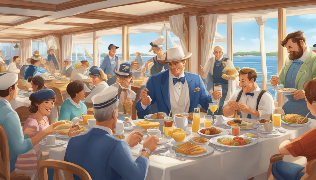 A bustling yacht club breakfast scene with characters in nautical attire