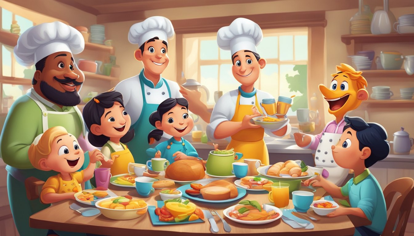 A group of cartoon characters gather around a table with colorful plates and cups, while a chef serves up a comical breakfast