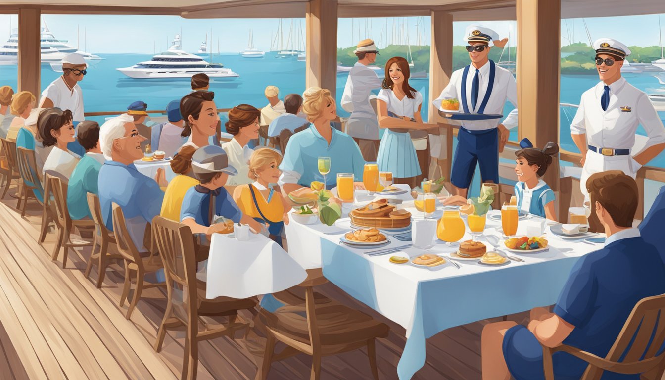 A yacht club character breakfast with tables set on a sunny deck overlooking a marina, with servers in nautical attire and costumed characters greeting families