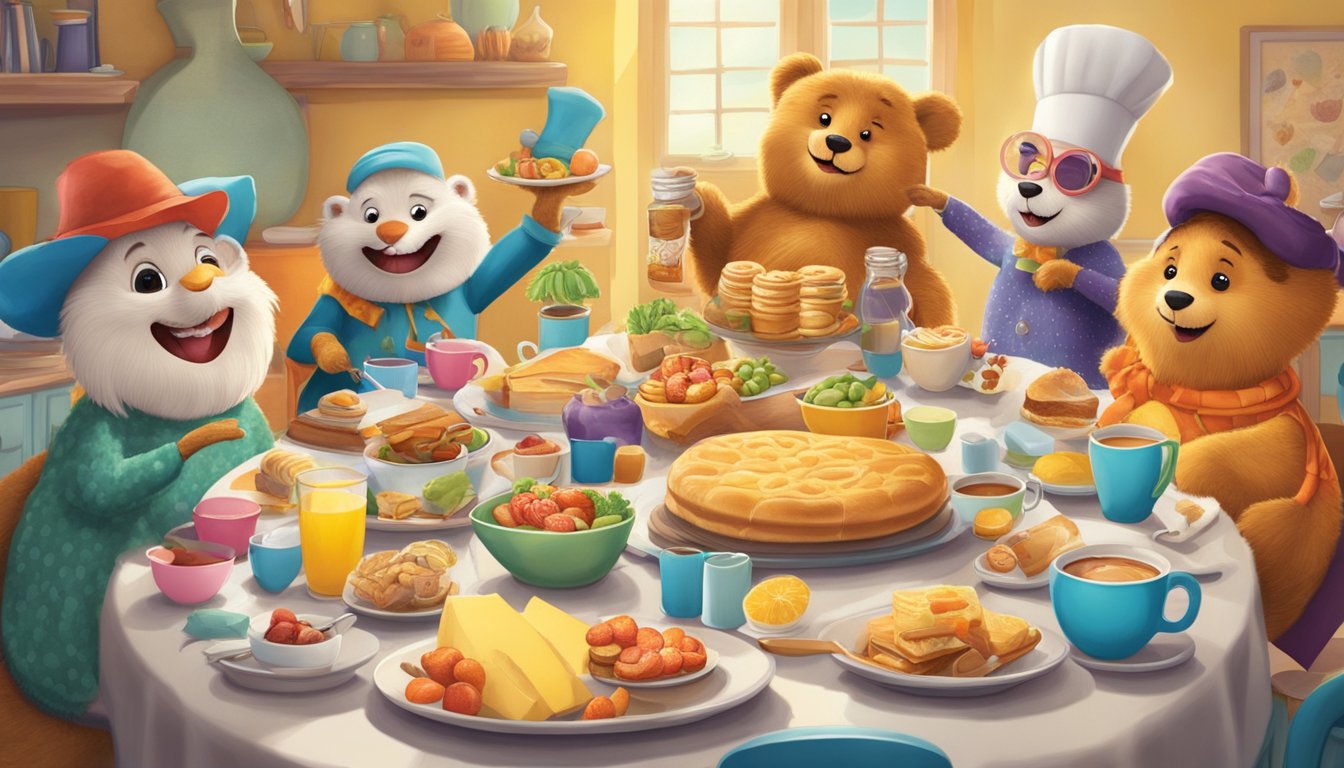 A group of whimsical characters gather around a table set with oversized breakfast foods, wearing colorful costumes and engaging in playful antics