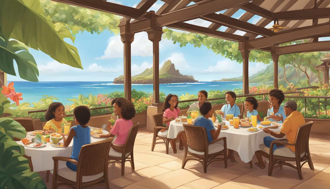 A sunny outdoor patio with tropical foliage and a view of the ocean, where families are gathered for a character breakfast at Aulani resort