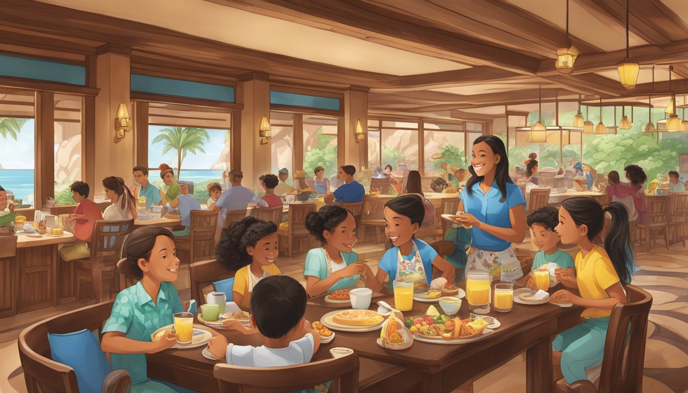 A bustling breakfast area at Aulani with families enjoying character-themed dining and staff assisting with reservations and amenities