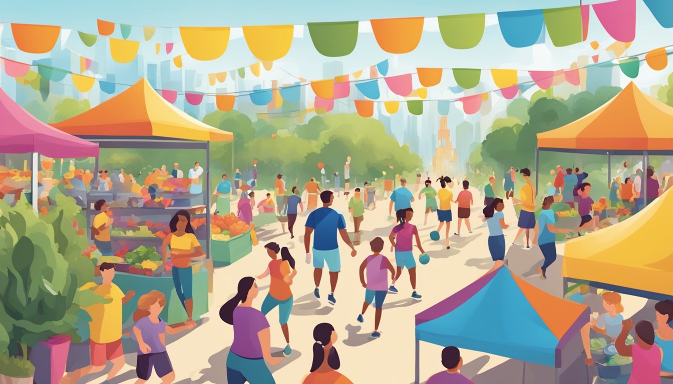 A bustling outdoor event with families engaging in fitness activities, surrounded by colorful banners and healthy food vendors