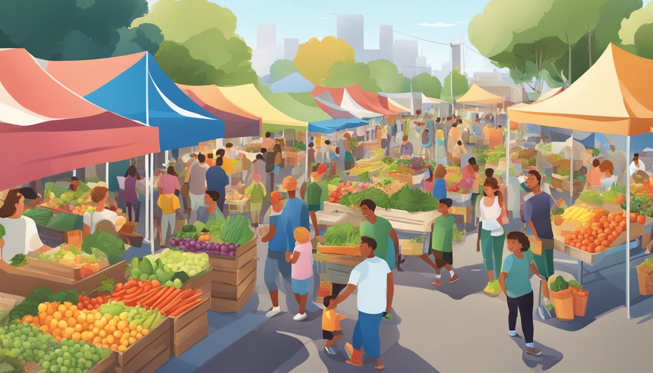 A bustling farmers' market with colorful produce stalls and fitness demonstrations, surrounded by smiling families and community members