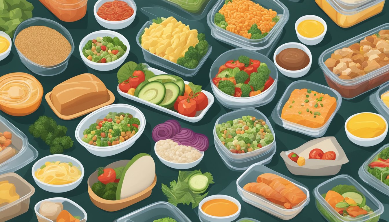 A colorful array of fresh, pre-packaged meals and ingredients displayed on a clean, modern kitchen counter